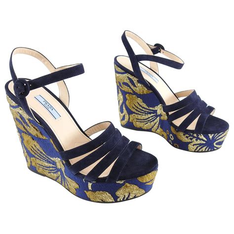 PRADA Suede Brocade Wedge Sandals 40 Blue Gold